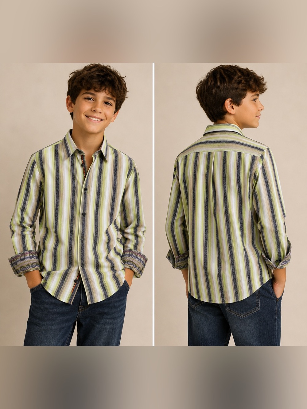 Robert Graham Boys' Striped Button-Down Shirt - Green, Blue, Cream